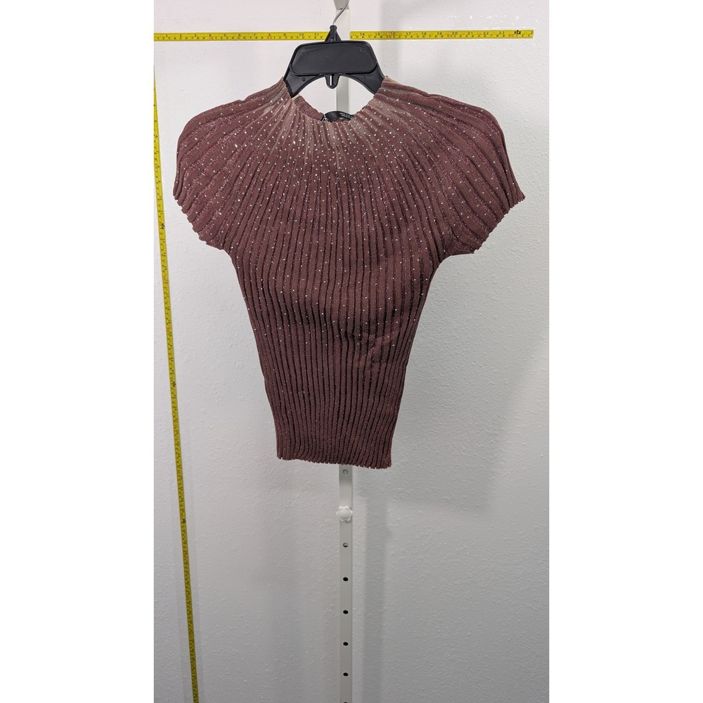 Anewsta‎ Mauve Pink Metallic Rhinestone Ribbed Knit Cap Sleeve Top Size M